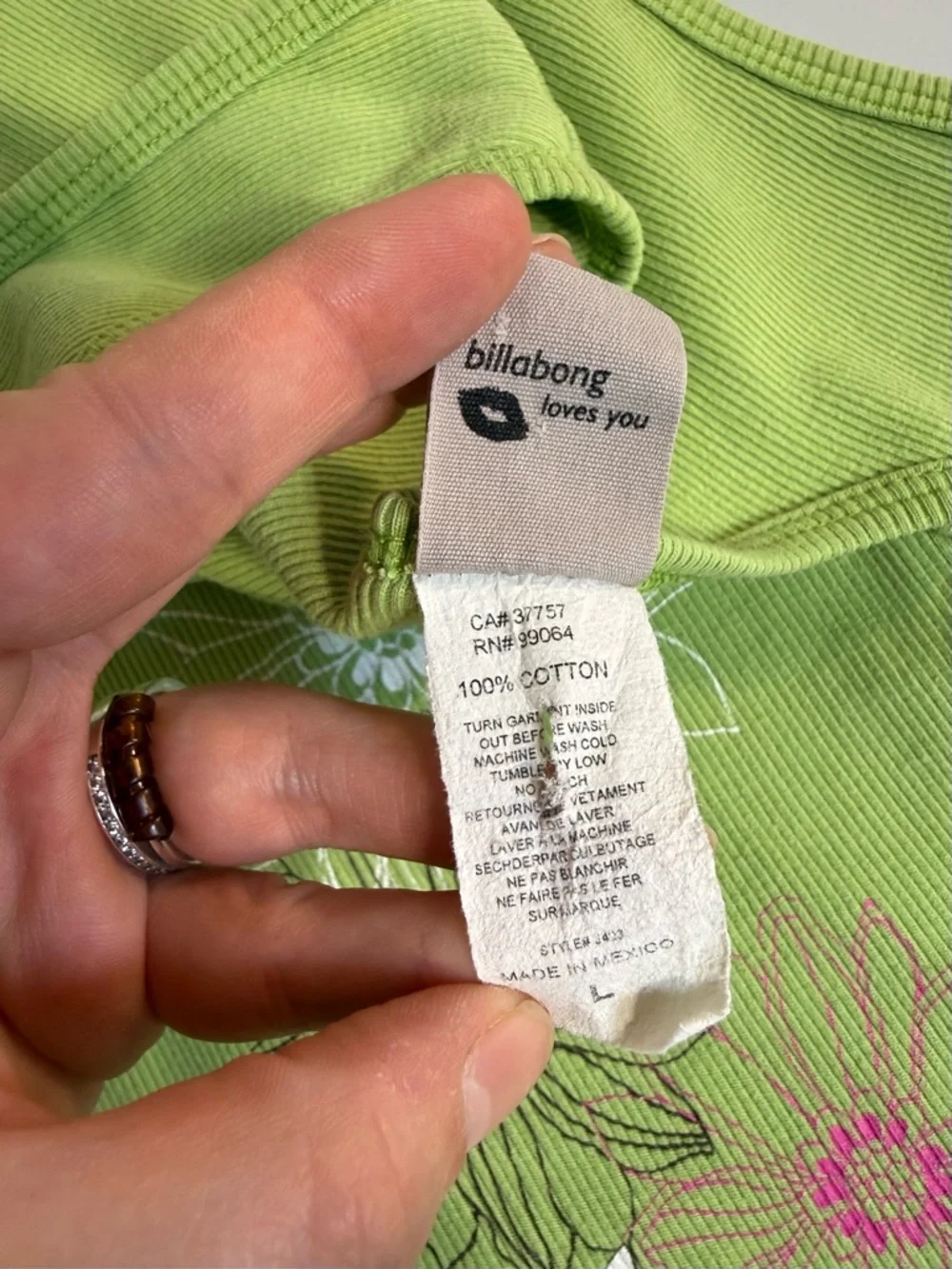 Vintage Billabong Ribbed Tank Top Floral Y2K Green Cotton Size L - Picture 6 of 9